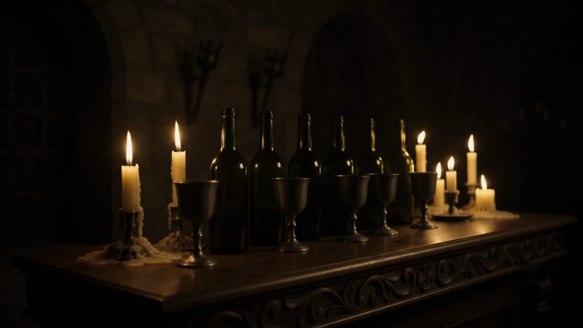 A long carved bar under a stone arch, dark bottles and pewter goblets in a row, beeswax candles burning down beside them.