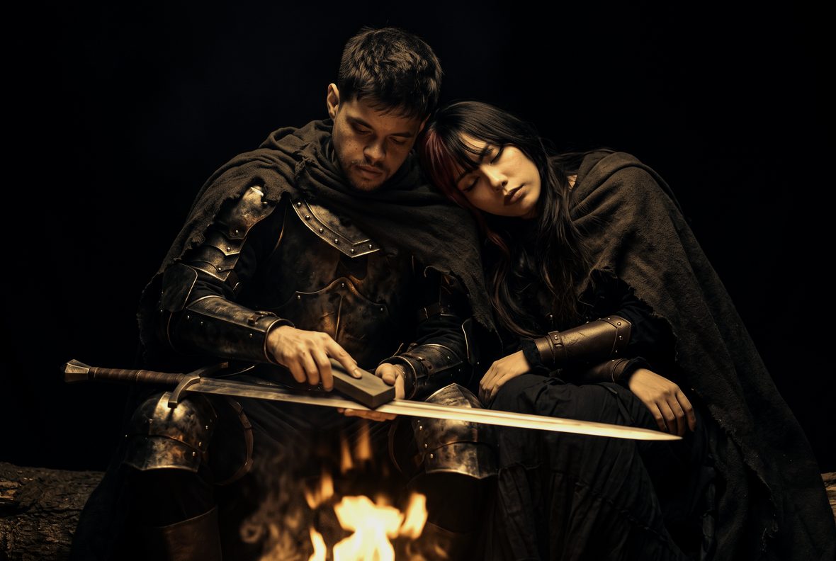 Night camp: Marc-Kevin sharpening a greatsword by firelight while Florence sleeps against his shoulder, wrapped in his cloak.
