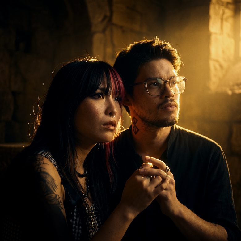 Marc-Kevin and Florence close together in a stone chamber, hands clasped, lit by a shaft of light from a window out of frame.
