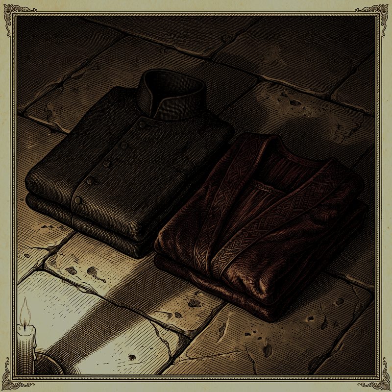 An engraving of two folded garments on stone: a black high-collared coat and a deep burgundy robe, lit by a single candle.
