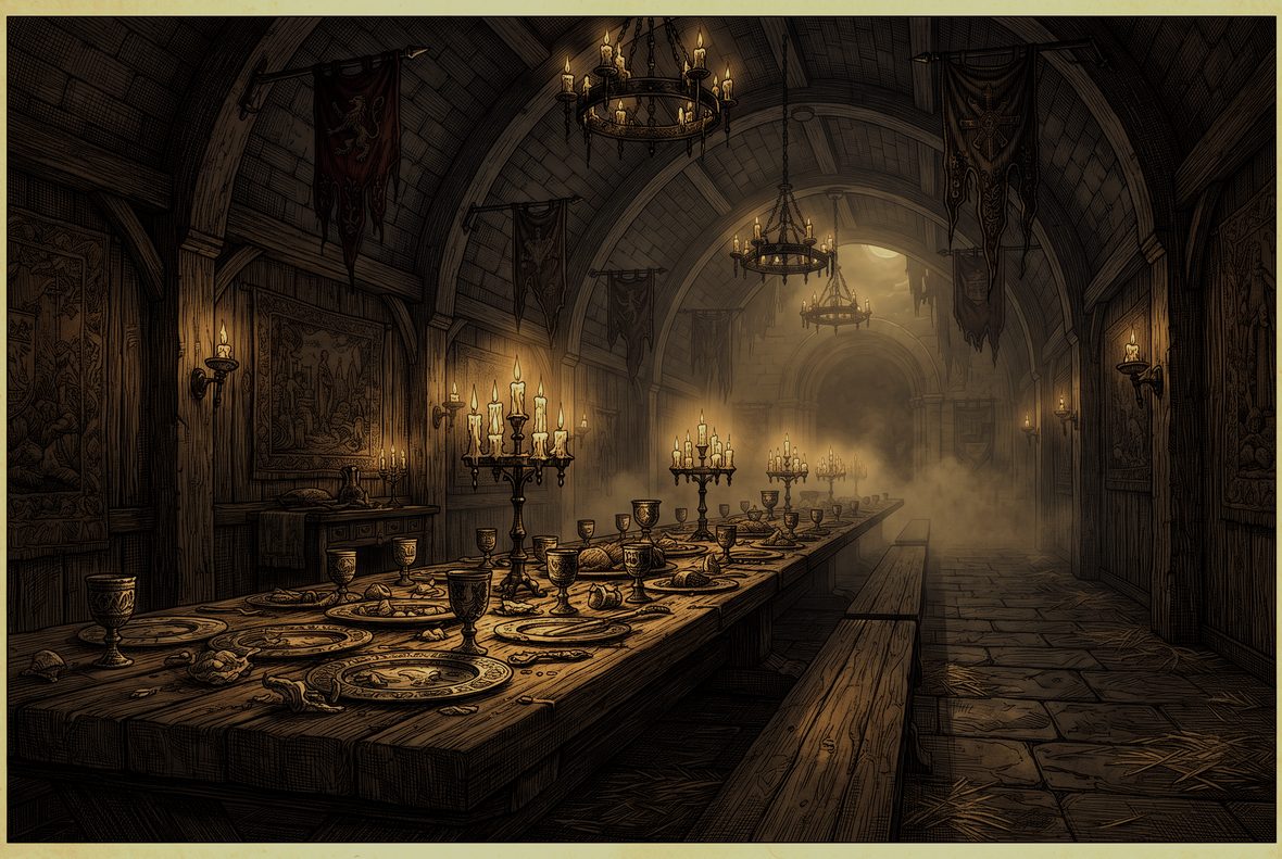 A long candlelit hall in pen and ink, banners overhead, the table laid and mist at the far end.