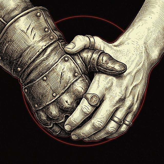 Two clasped hands in pen and ink, one in a worn gauntlet and one bare with rings, inside a thin ring of red light.