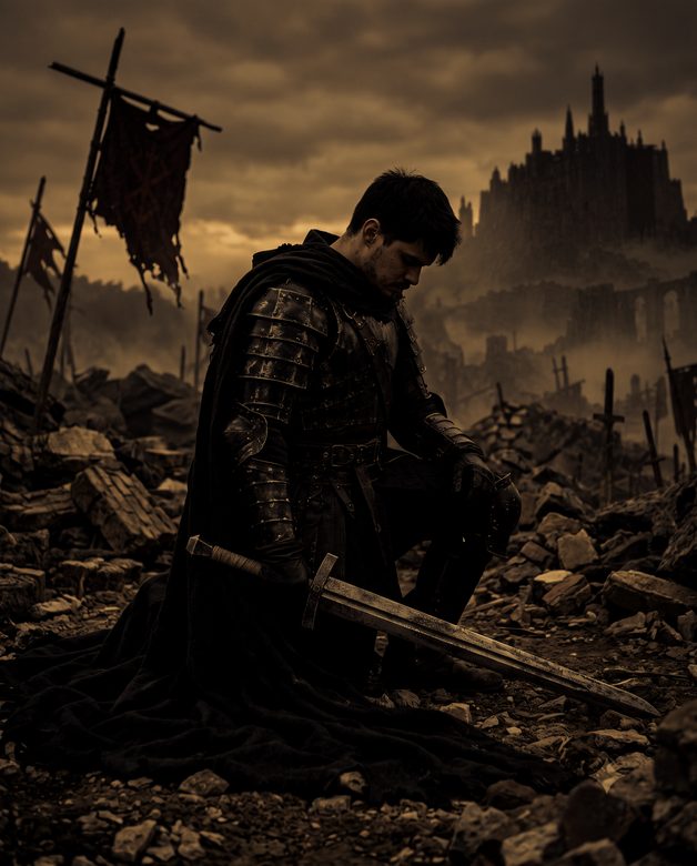 Marc-Kevin kneeling in rubble, greatsword across his knee, banners and a ruined citadel behind him.