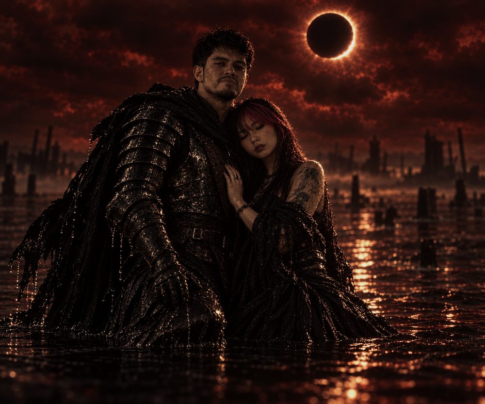 Marc-Kevin standing waist-deep in dark water in soaked armour and a heavy cloak, holding Florence against him with her eyes closed. A ringed eclipse hangs over a drowned city behind them.