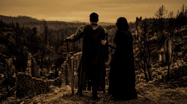 The two of them seen from behind on a ridge, looking out over a burned valley.