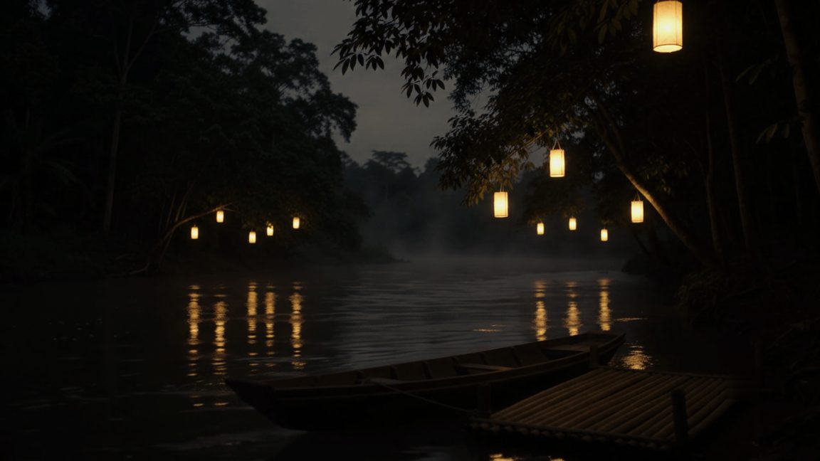 The river at dusk, paper lanterns hung low over the water and breaking in the reflection, a long boat moored at a bamboo landing.