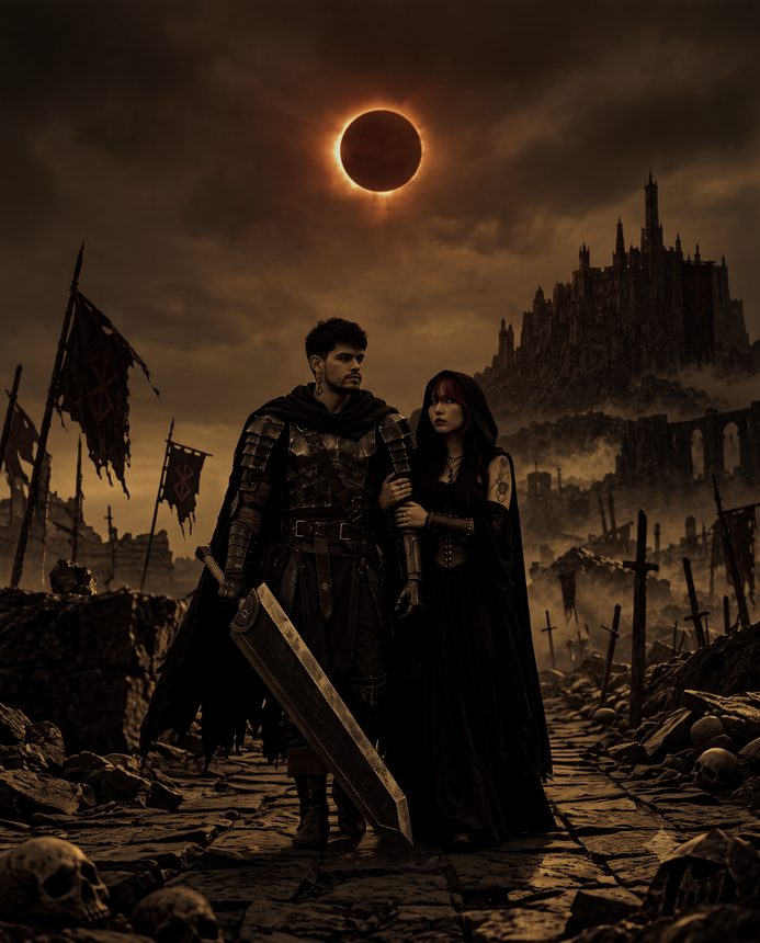 Marc-Kevin in armour with a greatsword, Florence beside him in a black hooded gown, standing on a broken road through a battlefield. An eclipse rings the sky above a ruined citadel.