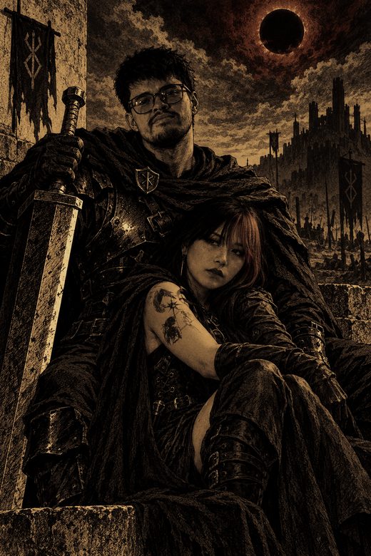 The two of them seated on a ruined stair, Marc-Kevin in armour with a greatsword upright beside him, Florence resting against his shoulder.