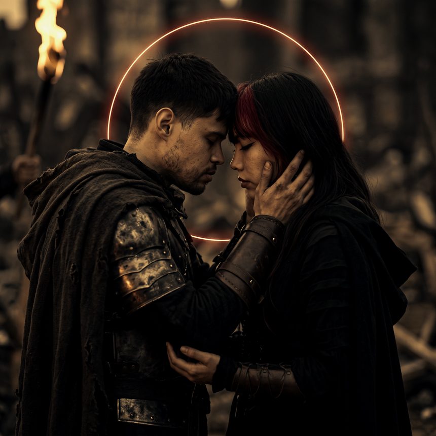 Marc-Kevin and Florence in armour and black robes, foreheads touching, a ring of red light behind them and a torch burning to one side.