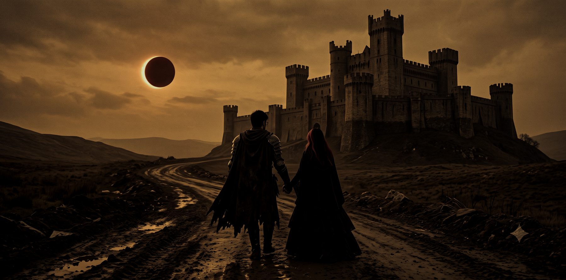 The two of them walking a muddy road hand in hand toward a distant citadel, an eclipse in the sky above.